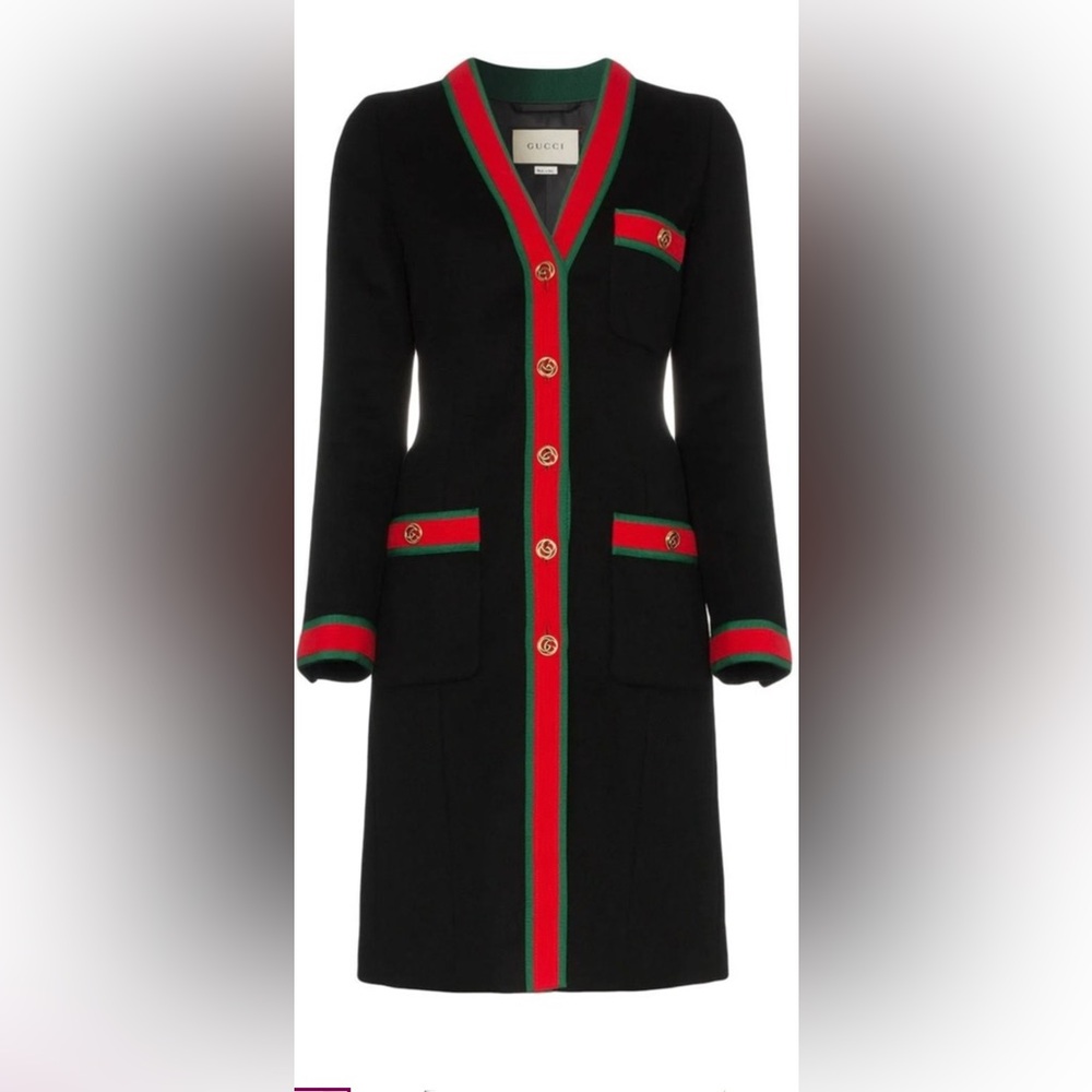 Gucci Wool Black GG Coat With Grosgrain Web